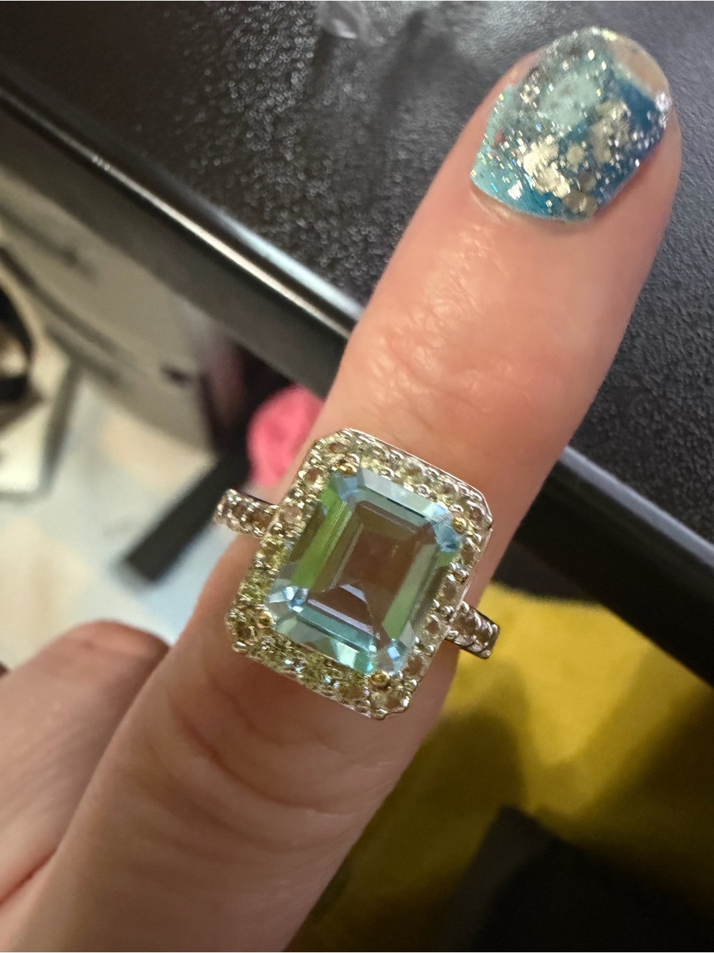 6 carat Blue topaz Emerald-Cut Halo Ring